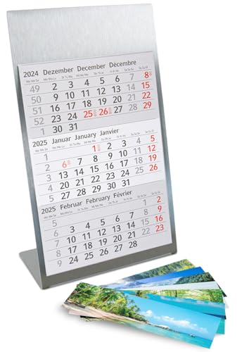 Timr Tischkalender zum Aufstellen aus Edelstahl I Landschafts-Motive I für 2 Jahre 2026/2027 I 3-Monats-Kalender Block Magnet I mehrsprachig D/GB/F I Silber matt klein I tr082
