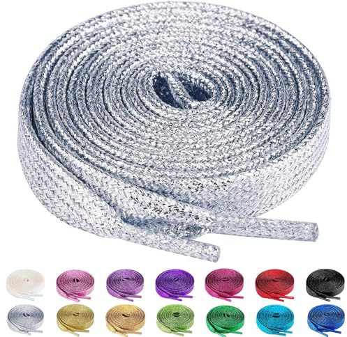 Olukssck 2 Paires Lacets Plats Pailletés pour Baskets, Argent, 140cm