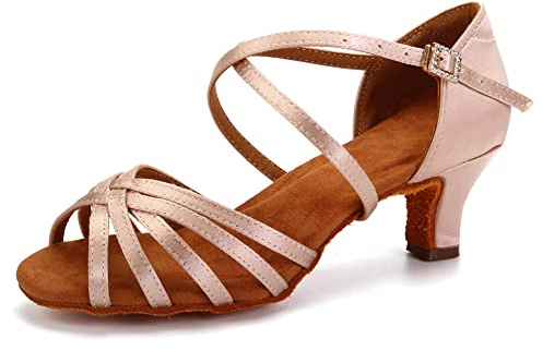 JUODVMP Women's Ballroom Latin Salsa Shoes Satin 5-Straps Braided with Suede Sole Heels,7 US