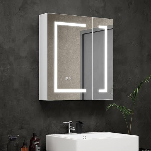 Mepplzian Spiegelschrank Bad 60cm mit Beleuchtung und Antibeschlag, Weiß