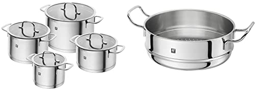 ZWILLING TrueFlow Stainless Steel Pot Set, 4 Pieces, Pouring Function, Suitable for Induction, Silver & Plus Colander, Stainless Steel, Silver, 24 cm, 35 x 26 x 12 cm