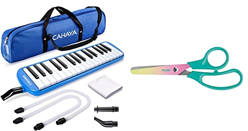 Melódica CAHAYA, Piano de Viento con 32 Teclas, Incluye Tubo de Soplado, Boquilla y Bolsa de Transporte (Azul) & MILAN Blíster tijeras Basic edición Sunset, mango turquesa