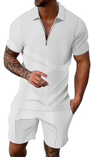 rtdgcv Sac à Vêtements Chemises Homme Costume à Manches Courtes Couleur Unie Mode Casual Demi Fermeture éclair Casual Survêtement de Sport Hiver Survêtement de Sport Homme, Blanc., L