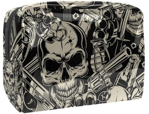 Bolsa de cosméticos para mujer, diseño de calavera con pistolas y granada, bolsa de aseo de viaje, bolsa de maquillaje de PVC, práctica bolsa organizadora con cremallera, multicolor,
