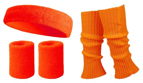 Carnavalife Déguisement des années 80 pour femme avec bandeau + poignets + chauffe-jambes Couleur fluo Gym, accessoires années 80, bandes de sport 80 ans Orange