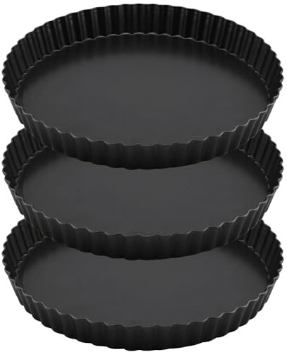 JIEHIN Lot de 3 moules à tarte de 22 cm avec fond amovible - Moule à quiche antiadhésif pour quiche, tarte, tarte