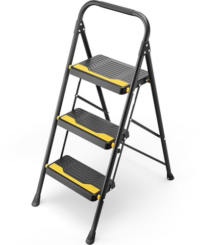 Urackify 3 Step Ladder, Heavy-Duty 150KG Capacity, Wide Anti-Slip Steps & Secure Handrail Compact, Folding Step Stool Portable Design for Home, Kitchen, Office, Pantry, Closet Use, Black