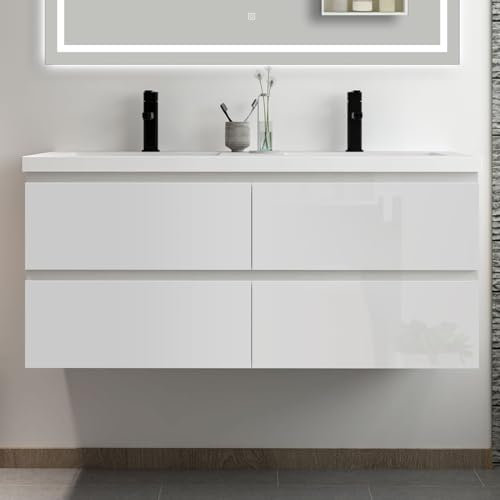 Acezanble Meuble Salle de Bain 120cm Blanc Brillant avec 4 tiroirs à Fermeture Automatique et Double lavabo