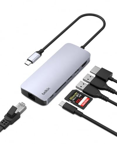Belkin Hub USB-C: Base Adaptador multipuerto 6 en 1 con HDMI 4K, Carga de Paso PD USB-C de 100 W, 2 Puertos USB-A, Puertos Gigabit Ethernet y Ranura SD para MacBook Pro, Air, iPad, Pro, XPS y más