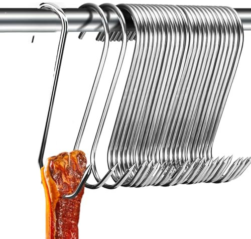 Ganchos para carne de acero inoxidable, 20 unidades, en forma de S, para ahumar en frío y caliente, carnicería, caza, caza de pollos, fumar, herramienta para barbacoa (15 cm)