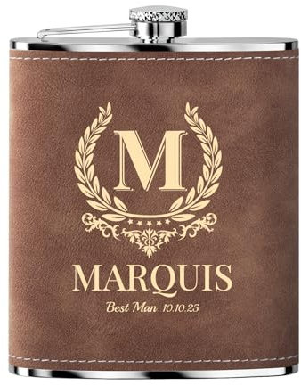 Flasque a Alcool Fiole Personnalisé 1 Pièce Whisky Acier Inoxydable 304 Cadeaux de Mariage Flask Cuir Gravé Marron 8oz