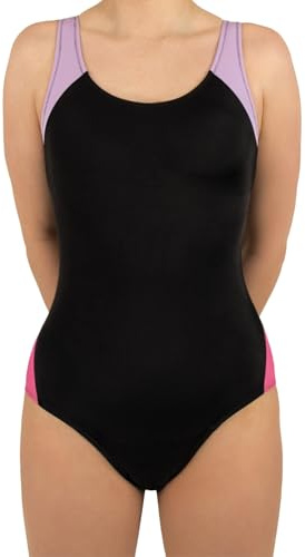 MYLILY Bañador Menstrual Niñas, Adolescentes & Mujer Sport Espalda Nadadora | para Piscina, Natación & Clases | 2-3 Tampones | Antifugas, Neutro al Olor, Oeko-Tex | Black/Lilac/Pink, XL