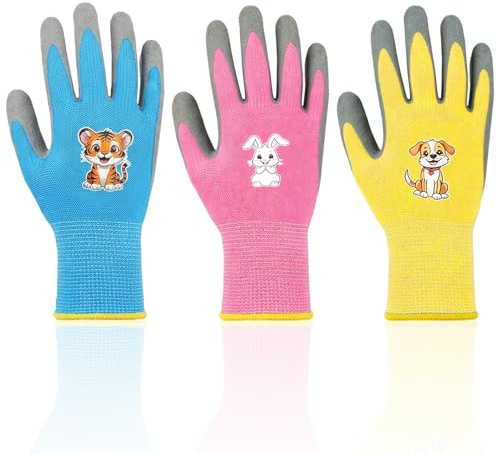 Haefan Guantes Jardinería Niños 3 Pares Antideslizantes Guantes Trabajo para Niñas y Niños de 5 a 9 años Protección contra Espinas y Suciedad Colores Azul, Rosa, Amarillo