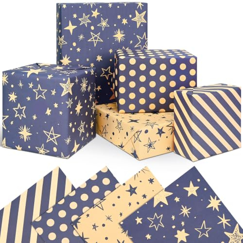 Blue Wrapping Paper 8Sheets,Birthday Gift Wrap Set,70x50CM Star Kraft Paper