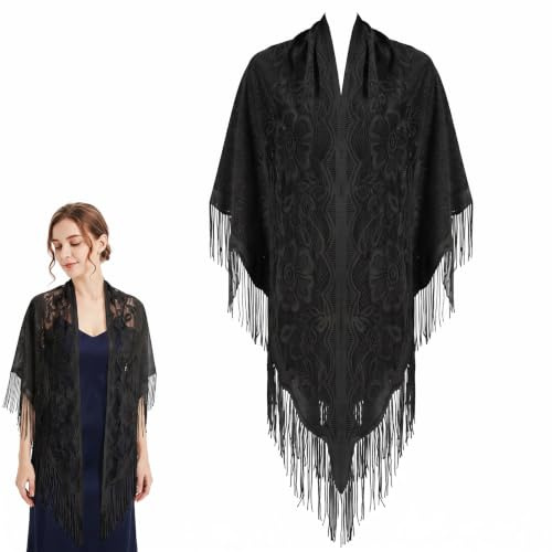 ADLABLD White Lace Shawl Wraps Scarf Triangle Tassels for Women Dressy Wedding