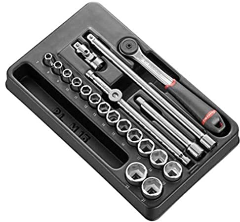 FACOM - Module Douilles 3/8 6 Pans Métriques - MOD.J161-36 - Outillage Complet 20 Pièces - Inclus 1 Cliquet 3/8 Étanche, 15 Douilles, 2 Rallonges, 1 Cardan, 1 Poignée Coulissante 3/8 et 1 Plateau