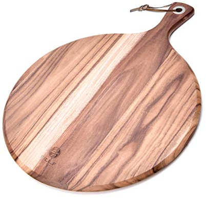 BILL.F - Pala per pizza in legno di acacia, tagliere da 30,5 cm, tagliere per formaggio, pane e cracker, per servire e preparare cibi minori, con manico, 40,6 x 30,5 x 1,3 cm