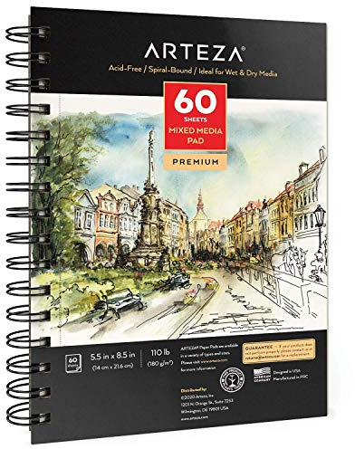 ARTEZA Mixed Media Sketchbook, 5.5 x 8.5 Inches, Pack of 1, 60 Sheets, Micro-Perforated Spiral-Bound Paper Pad for Wet and Dry Media