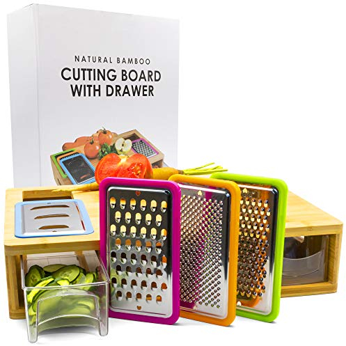 Thetford Planche à découper en bambou avec récipients - Planche à découper pratique en bambou - Design durable et robuste - Planche à découper en bois avec tiroirs coulissants pour légumes