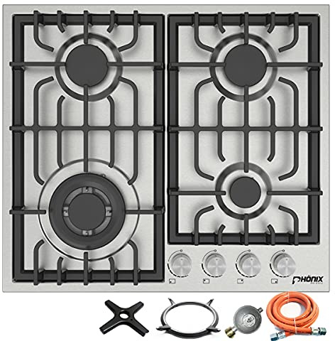 Phönix PS-604L Einbau Gaskochfeld Edelstahl Gaskocher 4 flammig Propan-/ Erdgas inkl. Gasschlauch-Regler Set für Propangasflaschen + Guss WOK Aufsatz + Herdkreuz