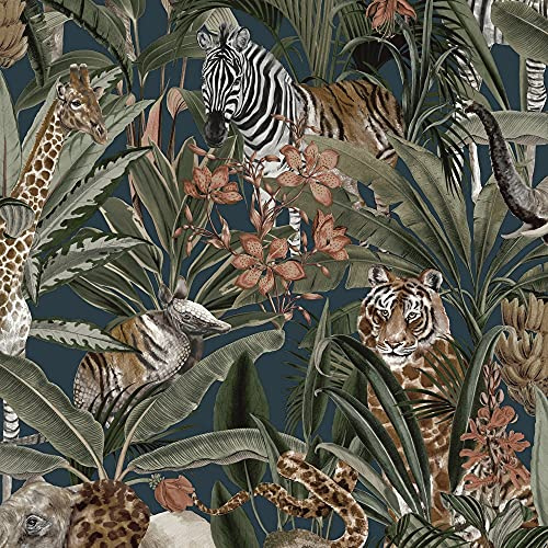 Safari Fusion Jungle Tropical Animal Navy Wallpaper