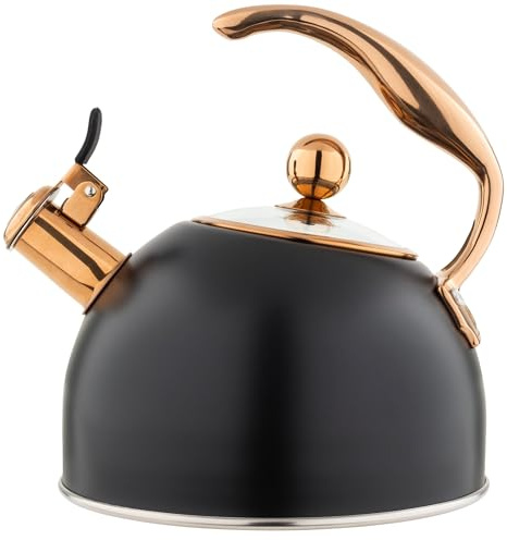 Viking 3-Ply Stainless Steel Tea Kettle, 2.6 Quart Stovetop Hot Water Pot with Tempered Glass Lid, Ergonomic Handle, Induction Ready, Matte Black and Copper