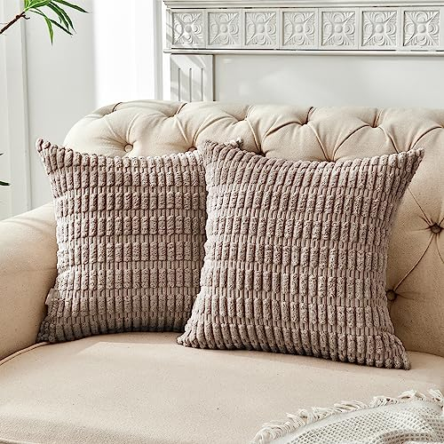 FY FIBER HOUSE 2er Set gemütliche Gestreifter Kordsamt Kissenbezüge Kissenhülle, dekorative quadratische Zierkissenbezüge für Couch, Bett, Sofa, 50x50cm, Taupe