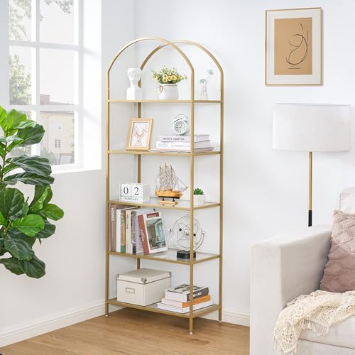 Homhedy Bookshelf Arched Display Racks,Metal Bookcase,Tempered Glass Shelves,Storage Rack Shelf for Home Office,Living Room,Bedroom, Bathroom,Modern Style (Golden, 11.8 D x 23.6 W x 62.2 H)