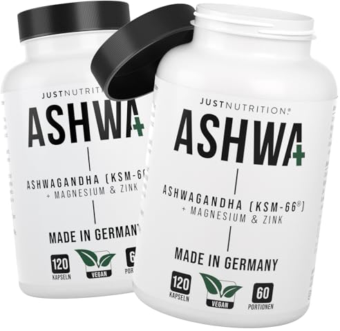 Bio Ashwagandha KSM-66® - 600mg pro Tagesdosis (Set - 2x120 kleine Kapseln) Anti-Stress Formel aus Zink, Magnesium & Vitamin B6, mit 30mg Withanolide - natürlich, vegan, hochdosiert & Made in Germany