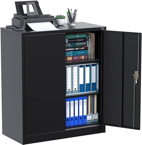SUPEER Metal Storage Cabinet with Locking Doors & Shelves,Lockable Steel Storage Cabinet with 2 Adjustable Shelves,Home Office,H90.00xW80.00xD40.00cm Assembly Required(Black)
