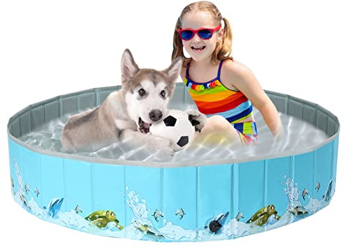 Demigreat Hundpool för stora små hundar, 80/120/160 cm vikbar hundplaskbassäng, bärbar & miljövänlig PVC hundpool, hav