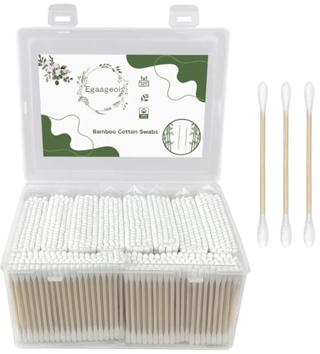 Egaageoi 1000 Count Bamboo Cotton Swabs with Storage Box | Biodegradable & Natural Double Tipped Cotton Buds | Sturdy Wood Sticks for Makeup, Pet Care, Arts & Crafts | Compact Portable Case