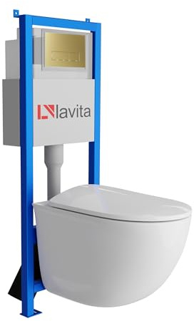 Lavita LAV 101 LAV 200.3.5 - Elemento de pared para inodoro de 40 cm + lavabo profundo para inodoro Vito blanco sin borde + placa de control LAV 200.3.5 oro | juego completo | cisterna empotrada |