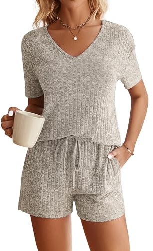 Ekouaer Pyjamas Kvinnor Sexig Casual Kort Ärm Sommar Tvådelade Set Dragsko S-XXL