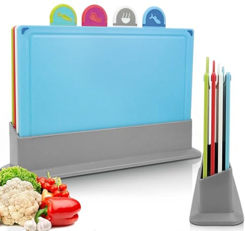 BOCHION Skärbrädeset, färg skärbrädor i plast med livsmedelsikoner och brickbotten, halkfria och BPA-fria frukostbrädor, antibakteriella för fisk, grönsaker, frukt, kött, bröd