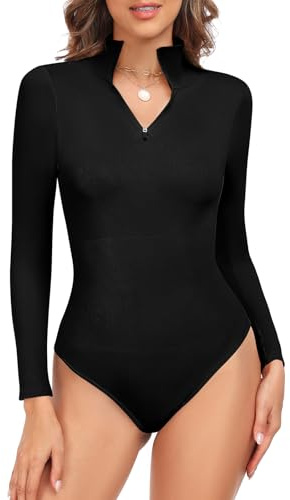 UMIPUBO Body Gainant Femme Ventre Plat Sexy à Col en V Zippés Body Sculptant Manche Longue Bodysuit Slimming Tops Chic et Elegant Body Shaper(Noir,M)