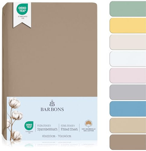 BARBONS Spannbettlaken für Baby/Kinderbett - 100% Jersey-Baumwolle Oeko-TEX Standard 100 Zertifiziert Bettlaken für Babybett (Taupe - 60x120cm / 70x140cm)