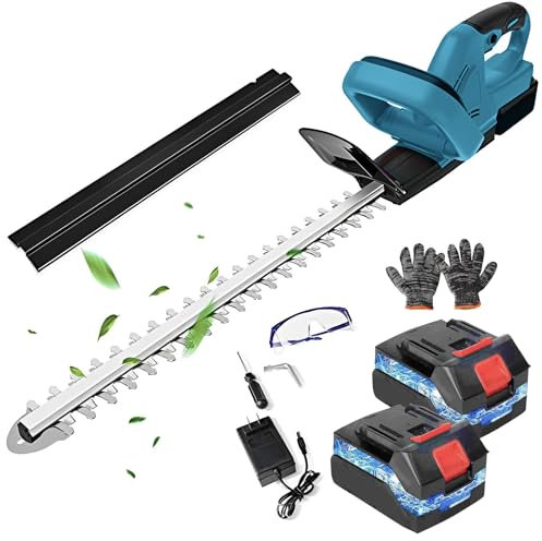 Qawner Cortasetos Eléctricos Inalámbricos 21 V (longitud de corte: 56 cm, 700 W, vaina de protección, doble cuchilla de corte, ruido más bajo) – Cortasetos batería azul