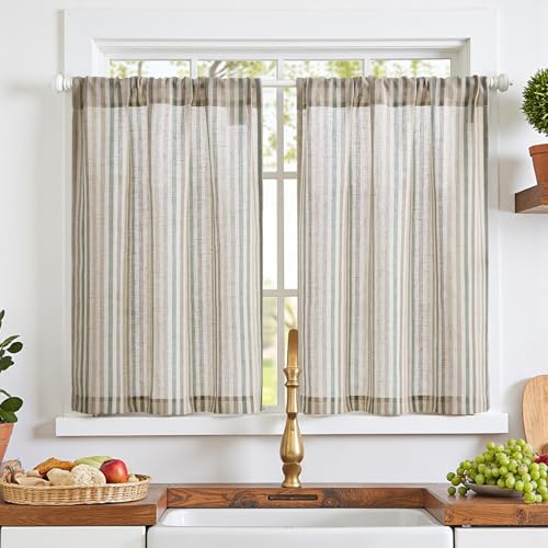 TOPICK Multi Green Striped Kitchen Curtains, Cafe Curtains, W26xL36, 2 PCS | Rod Pocket Half Window Curtain 36 Inch Drop, Light Filtering Small Short Tier for Bathroom, Cupboard Base, Sink, Basement