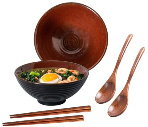 Ceraozmus Ramen - Juego de 2 cuencos de cerámica (1200 ml, 20 cm, con cuchara y palillos para ramen soup Pho Udon Asian Noodles), color marrón