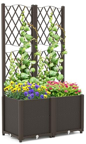 RELAX4LIFE 2 en 1 Huerto Urbano con Enrejado, Jardinera de PP con Aspecto de Ratán para Plantas Trepadoras, Verduras, Frutas y Flores, Maceta con Orificios de Drenaje para Jardín (Café, 80x40x140cm)