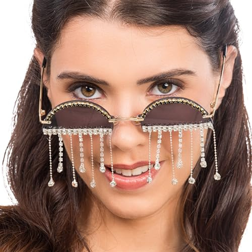 Chaks - Lunettes de soleil femme avec strass et pendentifs - Lunettes étroites pour festival, carnaval & fête, vintage rétro