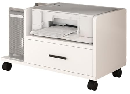 Chariot d'imprimante mobile avec roulettes – Armoire de classement écologique en bois massif pour la maison, le bureau, rangement sous le bureau, assemblage flexible (blanc, 76 x 45 x 45 cm)