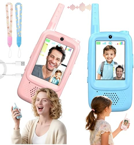 Video Walkie Talkies for Kids, 2PCS Rechargeable Walkie Talkies with Camera & Voice Changer, Children Toys for Indoor Outdoor Play, Christmas Birthday Gifts for 3-8 Years Boys & Girls (Pink+Blue)