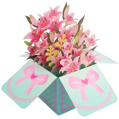Pop Up-Kort med Lilja och Blommiga Blommor, Livfulla Blommiga 3D-Födelsedagskort med Anteckningskort och Kuvert för Mamma Lärare Mormor Pappa Bästa Vänner