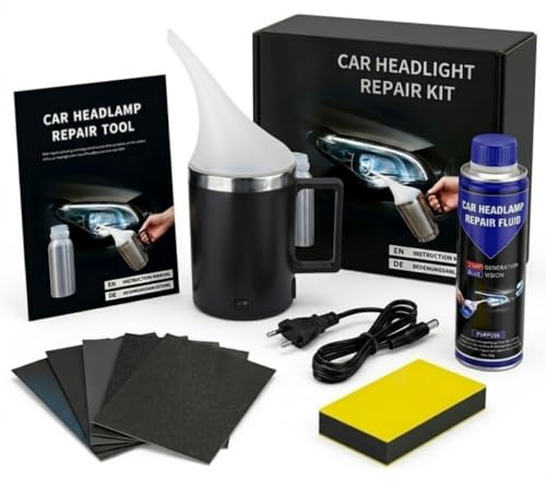 Ctopkatuo Kit de Restauración de Faros de Coche con Vaso Pulverizador y 200ml Pulimento, Herramienta de Reparación DIY para Lentes Amarillentas y Rayadas, Incluye Enchufe Europeo y Lijas