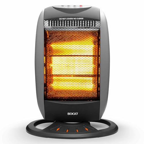SOGO Estufa Eléctrica Bajo Consumo Giratoria 180 º o Fija – Calefactor con 3 Niveles de Potencia Ajustables – Calefactor Baño, Cocina, Habitación con Asa para Transporte - Estufa Halógena Oscilante