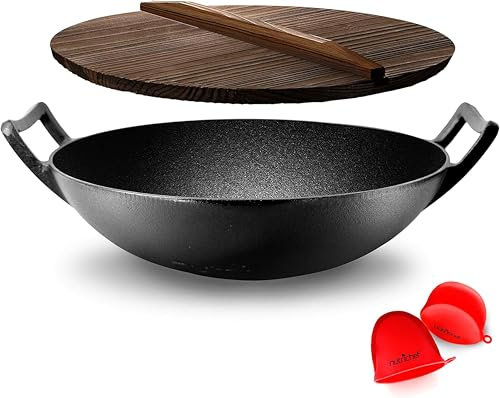 NutriChef Wokpfanne, Wok, 30cm- Wokpfanne Induktion, Wok Gusseisen- mit Holzdeckel, Kazan Gusseisen, Integrierte Tragegriffe, Pfanne Antihaft, Tiefe Pfanne, Für alle Herdarten, Backofenfest, Schwarz