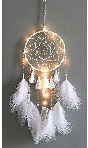 Handgemachter Traumfänger mit LED-Lichterkette - Weißer Feder-Wanddekoration für Schlafzimmer, Hängende Dekoration Bastelgeschenke aus der Indianischen Mythologie