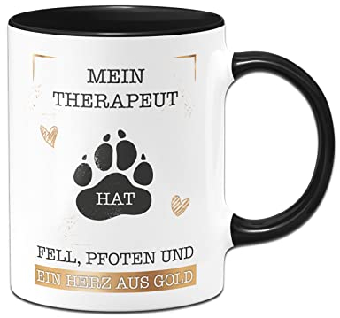 Tassenbrennerei Hunde Tasse mit Spruch Mein Therapeut hat Fell, Pfoten und ein Herz aus Gold - Kaffeetasse als Geschenk Hundebesitzer (Schwarz, Hund)